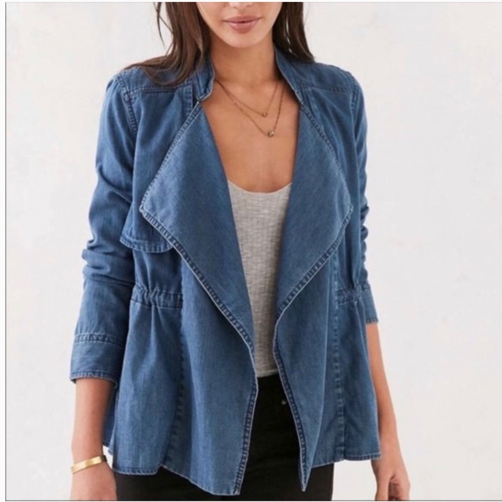 UO Silence + Noise Denim Blue Waterfall Blazer Jacket Long Sleeve Size Small